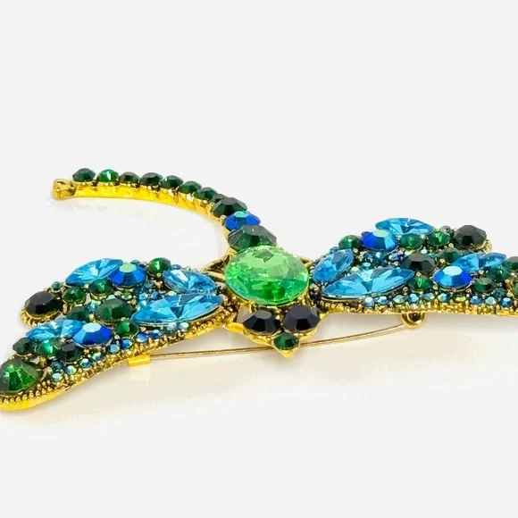 Stunning Huge Gold Tone Dragonfly Brooch with Green and Blue Rhinestones - Picture 3 of 5